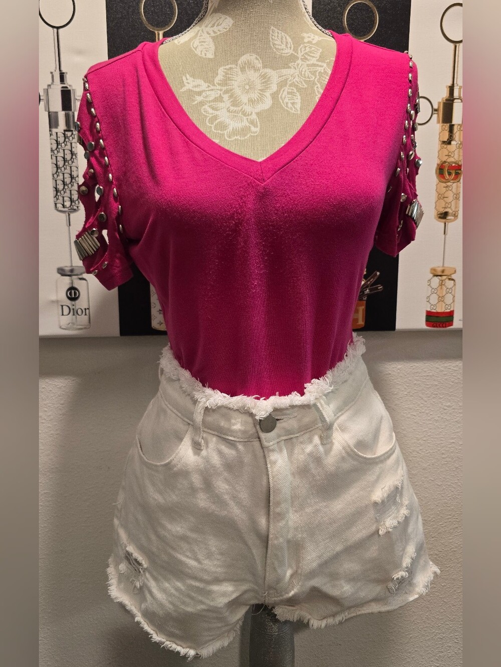 VENUS Hot Pink V-Neck Short Sleeve Top with Stud Accents